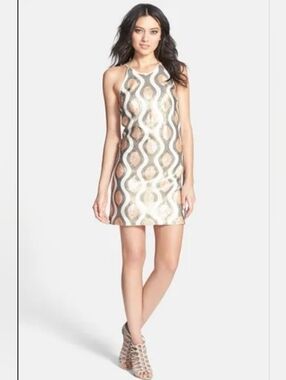 NWT Dress The Population Sequin Mini Shift Dress - Copper & Ivory - Small